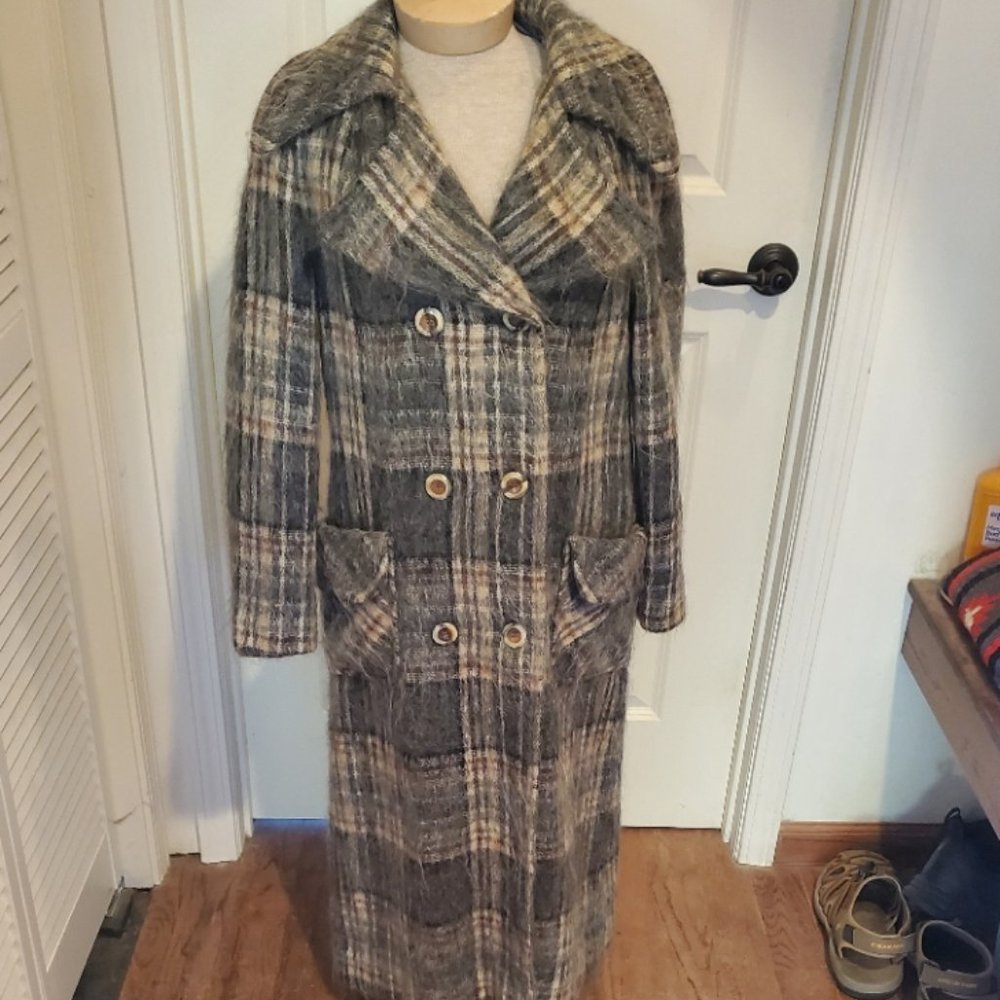 Vintage Gray Plaid Long Wool Coat